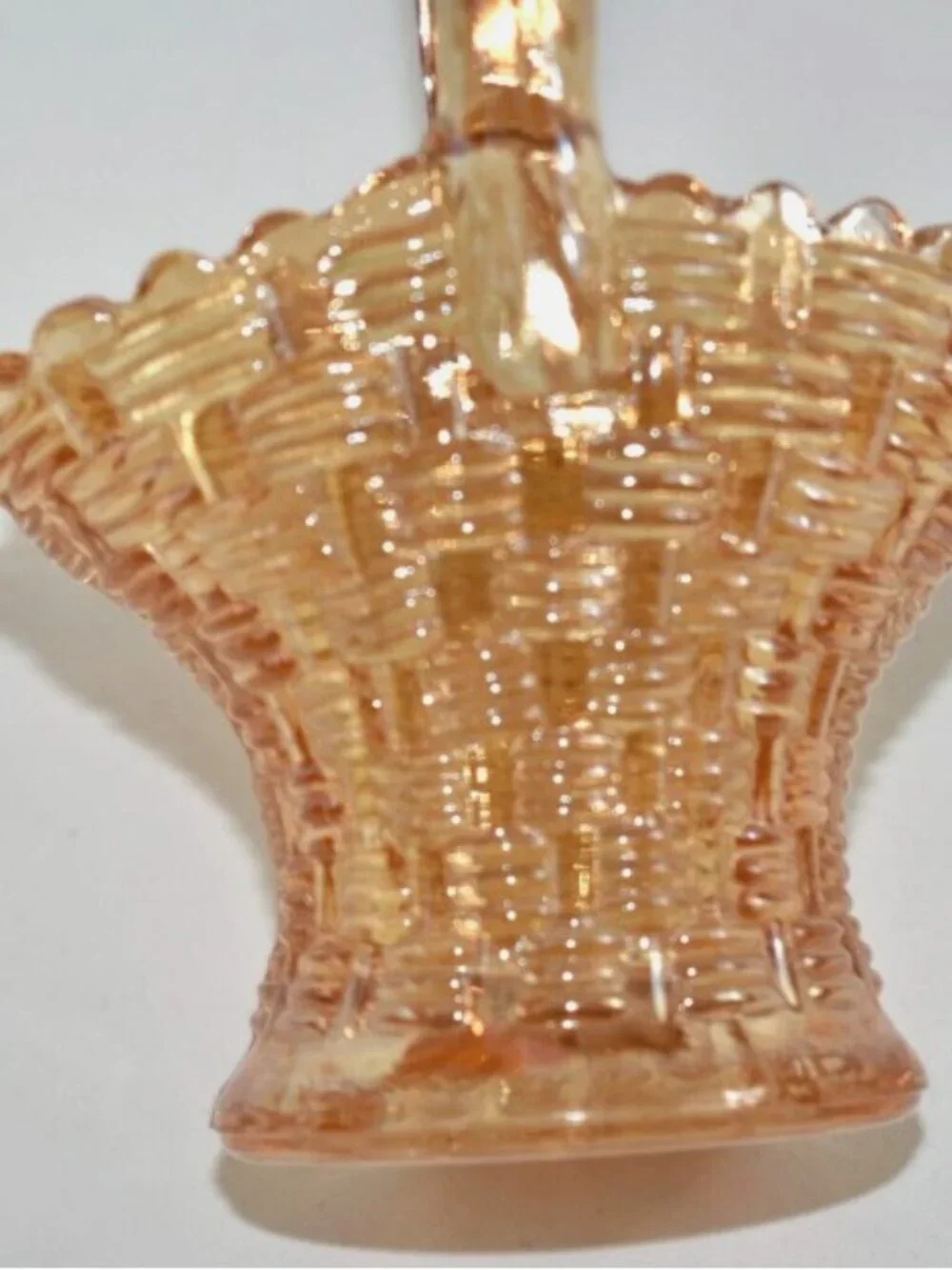 VINTAGE Marigold Small Carnival Glass Weave Handled Basket